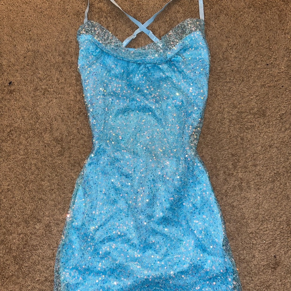 Blue sequence mini dress.